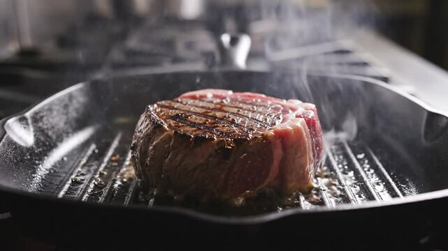 Close-up of a juicy filet mignon steak sizzling on a cast iron grill pan over a gas burner.