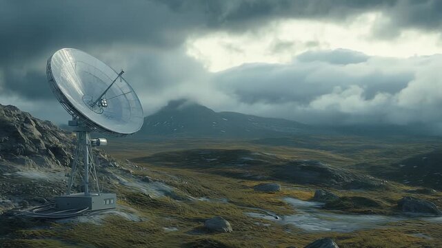 Large satellite dish standing on a rugged mountain landscape, its parabolic antenna pointing skyward under a dramatic overcast sky, symbolizing global communication and scientific research