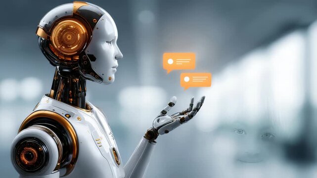 Futuristic humanoid robot interacting with digital chat icons in a modern, high tech environment. Artificial intelligence and robotics merge to enhance communication and innovation