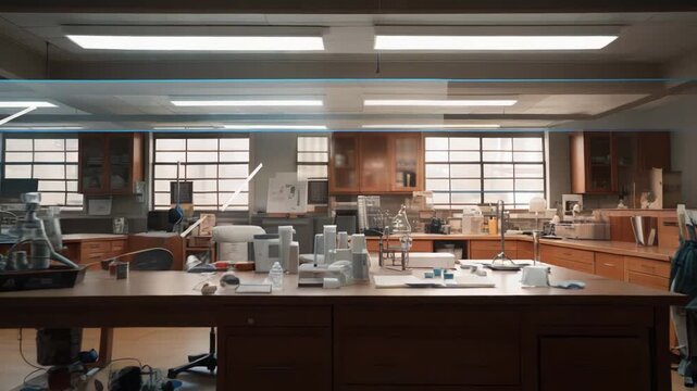 Functional science laboratory with a central work table and various research equipment, instruments, and supplies, creating an environment for scientific discovery and experimentation