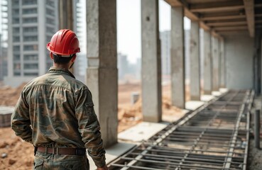 Fototapeta premium Construction worker wearing red hard hat surveys building site with tall concrete pillars. Unfinished structure with rebar in foreground, city skyscrapers in background. Industrial development