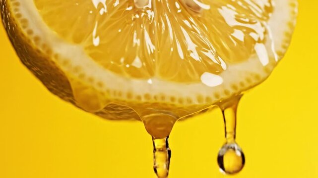 Close-up of a halved lemon dripping with juice on a vibrant yellow background, creating an appetizing visual.