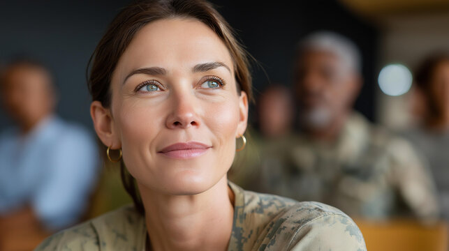 Female soldier talking with diverse group of veterans during PTSD support group, mental health therapy session, military trauma counseling, peer support gathering, defocused background, with