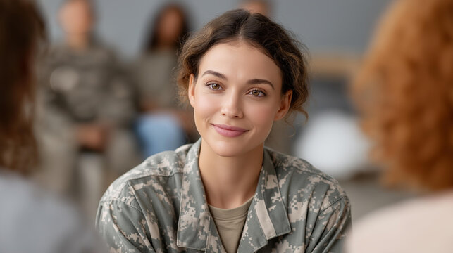 Female soldier talking with diverse group of veterans during PTSD support group, mental health therapy session, military trauma counseling, peer support gathering, defocused background, with