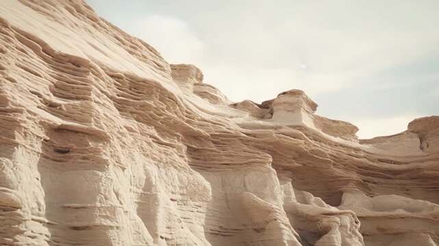 Layered sandstone formations displaying complex geological patterns, created by natural erosion over millennia, forming a unique arid desert landscape under a clear sky