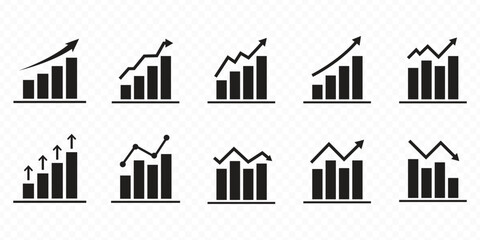 Obraz premium Business chart icon set showing growth and decline trends. Bar graphs with up and down arrows for analytics statistics financial performance revenue increase sales growth profit loss