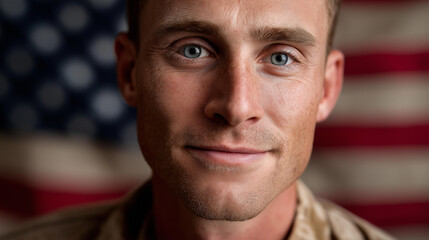 Patriotic veteran with American flag portrait, military service member honor, armed forces dedication display, national pride representation, defocused flag background, with copy space
