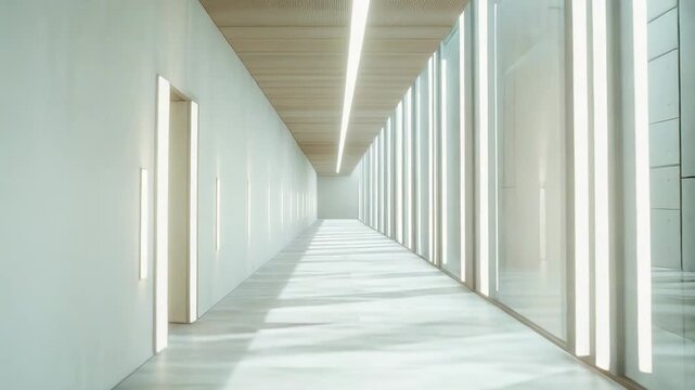 Modern architectural corridor with a clean, minimalist design featuring long straight walls, an illuminated ceiling, and sunlight streaming through tall windows, creating a bright atmosphere