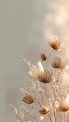 Minimal abstract background in grey and golden colors with flowers and copy space for mother's day vertical