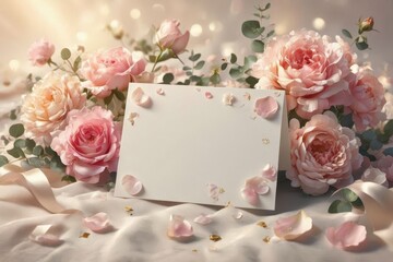 Romantic floral background with pink roses and black card and copy space mother's day