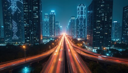 Modern city highway at night, showing light trails from car traffic. Tall buildings with bright geometric patterns glow in urban skyline. Busy infrastructure connects metropolis.