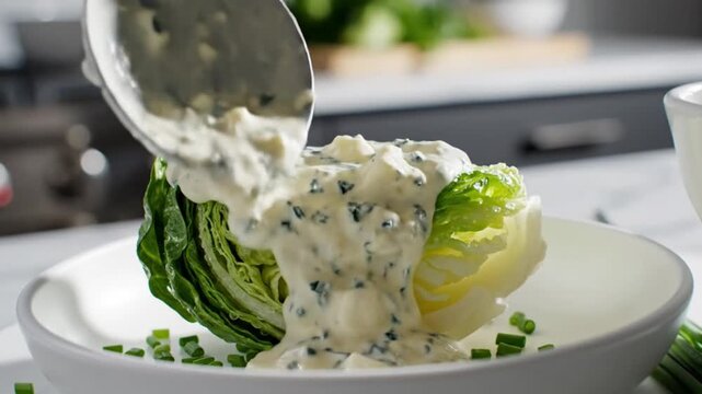 Chef pouring creamy dressing with herbs on a fresh wedge of romaine lettuce on a white plate