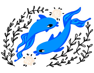 Naklejka premium Pisces zodiac sign with ornament of plants and roses. Fish. Horoscope, astrology. Vector illustration