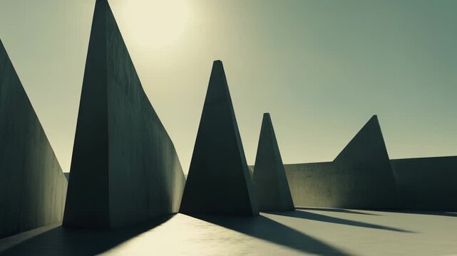 Concrete slabs forming bold geometric planes and sharp shadows against a bright sky, minimalist brutalist composition emphasizing texture, line, symmetry, and monumental form