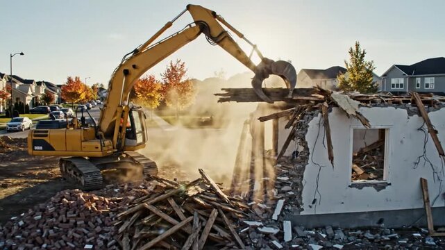 Excavator Claw Demolishing Old Building Structure During Sunset in Residential Community