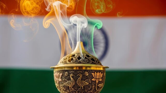 Smoke in the colors of the Indian flag rises from an ornate golden incense burner, with the colors of the Indian flag also visible in the background. Celebrating Indian Independence Day.	
