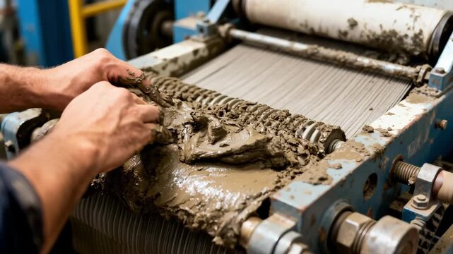 Closeup view of workers removing sticky mud cake from a filter press highlighting manual cleaning and mechanical upkeep for optimal equipment performance.