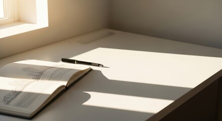 Serene workspace with notebook and pen by sunny window
