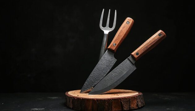Two rustic kitchen knives and a fork rest on a wood slice against a dark backdrop. The sharp blades and wooden handles suggest prep work for meals. Pro cooking tools for chefs and home cooks.