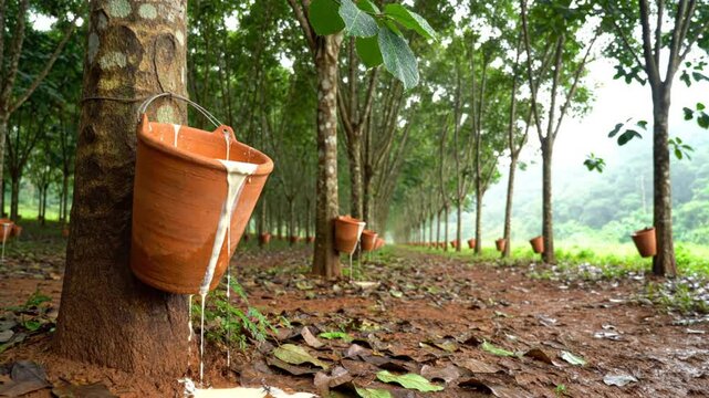 Tapping of rubber trees with buckets collecting latex in a rural rubber plantation producing natural rubber.