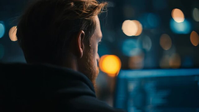 A young man with a beard is working late at night on a computer, focused on coding in a dimly lit modern office. The background features blurred city lights and a tech inspired atmosphere
