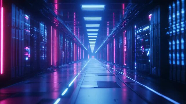 Digital server racks illuminating a high tech data storage corridor, creating a modern information technology network and cybersecurity infrastructure concept