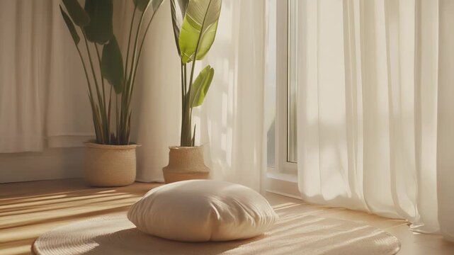 Cozy cushion resting on a round rug, catching soft morning sunlight on a wooden floor, creating a serene and minimalist atmosphere for relaxation and mindful living indoors