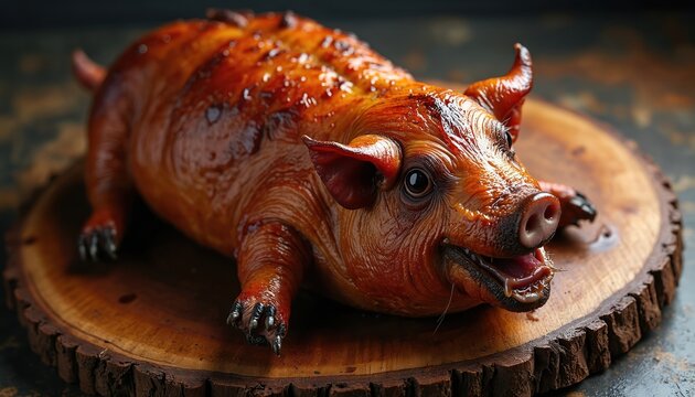 Whole roasted suckling pig with crispy golden skin served on a rustic wooden board. Savory meat dish prepared for feast. Delicious food for celebration.