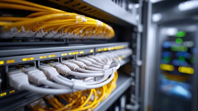 Network Infrastructure: Inside a Data Center with Organized Ethernet Cables and Switches Providing Connectivity for High-Speed Data Transmission.