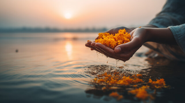 Ganga Dussehra, Hands holding marigold flowers offering to river at sunrise during Ganga Dussehra ritual symbolizing devotion and spiritual connection in India