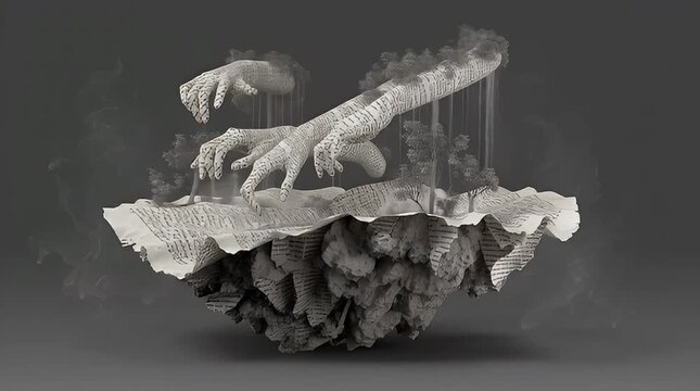 Mysterious paper hands ascending from a floating island of ancient manuscripts