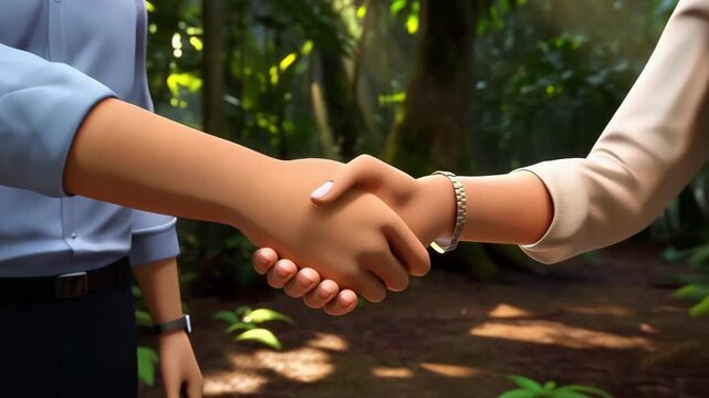 Animation of business people shaking hands in a lush forest environment demonstrating international collaboration for corporate social responsibility and sustainable development