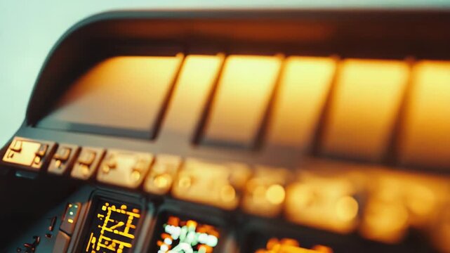 Airplane cockpit featuring advanced flight deck technology with multiple glowing screens displaying vital navigation data and control systems for seamless operation