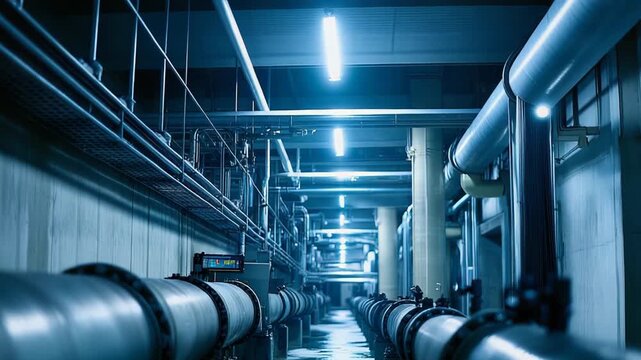 Long industrial corridor of blue gray metal pipes, valves and control equipment forming a precise pipeline network for urban water, energy and utility processing systems