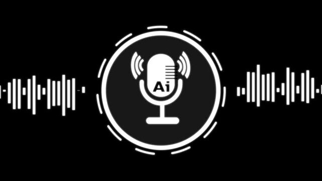 AI assistant voice chat interface.microphone with AI voice chat. Digital communication, speech recognition, and smart technology on black background.
