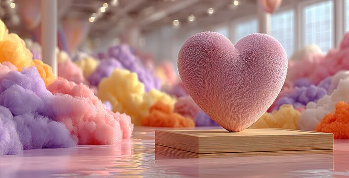3D cartoon colorful heart-shaped podium dreamy cloud background Pixar-inspired beautiful magical pastel colors high resolution bright lighting ideal for Valentine's Day product display kids party card