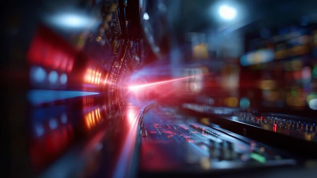 Dynamic Motion of Light Through a High-Tech Interface Displaying Vibrant Colors and Pulsating Patterns in a Futuristic Environment