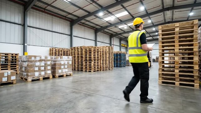 A warehouse worker in safety gear checks inventory while a forklift operates. Efficient logistics and stock management in a modern facility. Ideal for business and supply chain content.