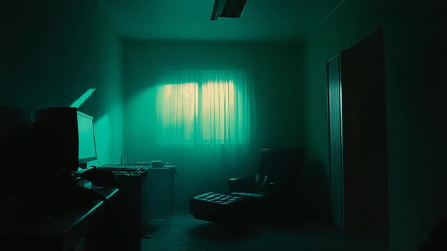 Empty office interior with a desk, computer, and chaise lounge bathed in a striking teal ambient light, creating a mysterious and foreboding atmosphere