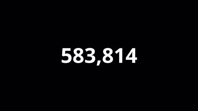 Number counter animation from 0 to 1,000,000 on a black background, animated number counter from zero to one million in 4K, counting number digits.