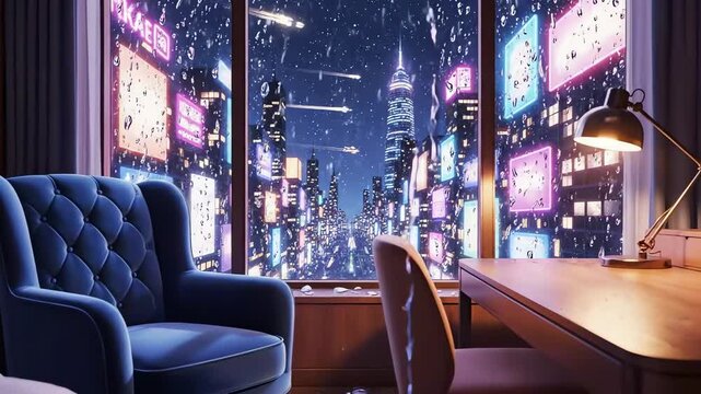 stream overlay, background animation loop. interior of luxury hotel with chair, spectacular metropolis view. live wallpaper vtuber streamer gaming asset zoom screen, anime chill lo fi hip hop video.