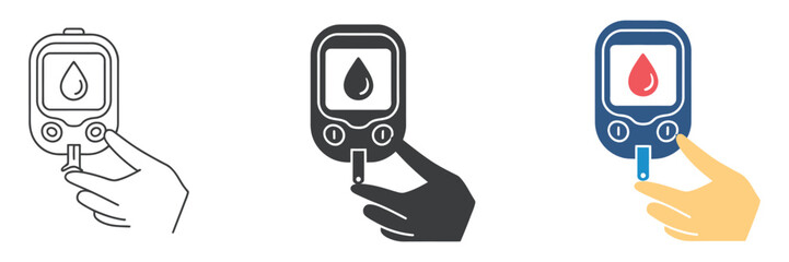 Blood sugar test icon set, diabetic patient sugar level testing symbol, high and low blood glucose monitoring device, vector sign for healthcare and medical illustration © MDSAIDUR
