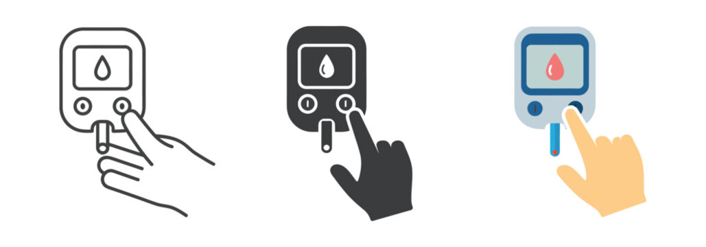 Blood sugar test icon set, diabetic glucose level testing symbols, blood sugar meter vector sign, high and low sugar measurement icons for medical