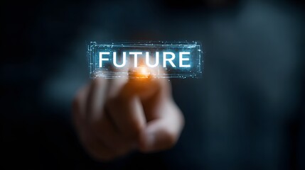 Fototapeta premium Futuristic digital interface with the word Future glowing in a high-tech network environment with a human hand interacting with technology