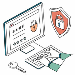 A computer screen with a login form and a shield with a lock on it