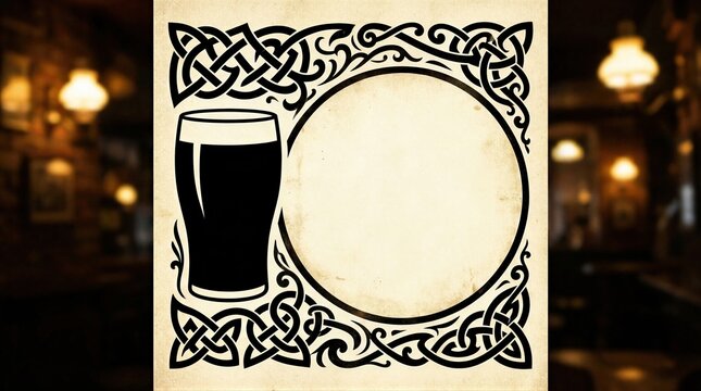 Dark beer glass with Celtic knot frame. St Patrick Day celebration and traditional Irish pub beverage invitation template.