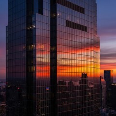 Majestic glass skyscraper reflecting vibrant sunset hues in a bustling urban cityscape at dusk