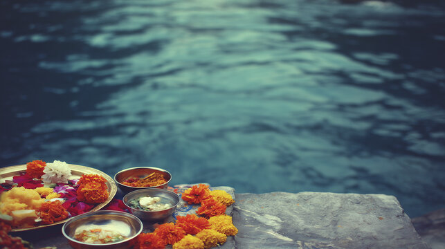Ganga Dussehra, Traditional offerings with flowers and food placed near river during Ganga Dussehra ritual symbolizing devotion, spirituality, and sacred Hindu practices