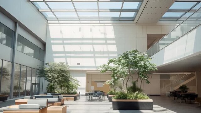 Spacious sunlit office atrium with glass roof, minimalist seating and abundant indoor greenery, creating a bright, biophilic workplace lounge for modern corporate environments