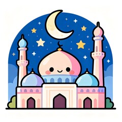 Serene mosque illustration with crescent moon and stars at night